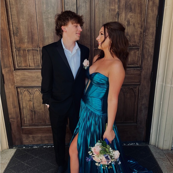 Sherri Hill Teal Strapless Prom Dress - Picture 1 of 3